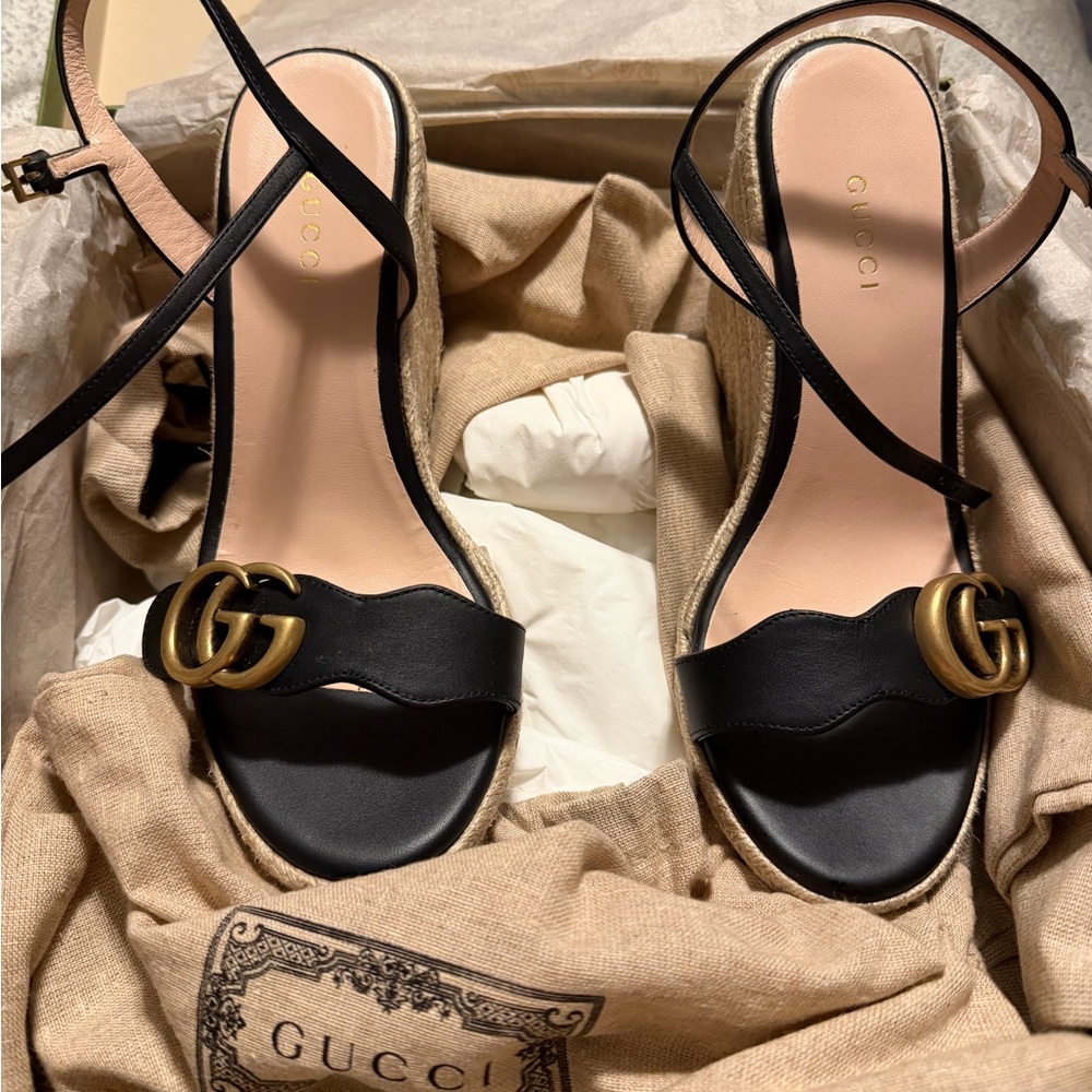 Gucci Black and Gold Wedge Sandals